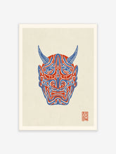 Japanese Hannya mask illustration with red and blue graphic lines on a textured cream background as a wall art print