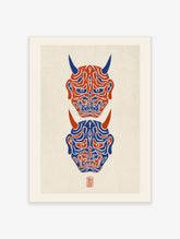 Vertical Hannya mask wall art featuring two Japanese demon masks in red and blue on a textured light background