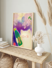Happy white cat Japanese poster holding a green sake bottle with cherry blossoms and a purple and yellow background. - Image 4