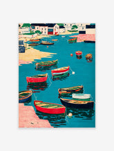 Vibrant harbor wall art print with colorful boats in turquoise water, houses on the shore, and a sandy beach.