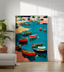 Vibrant harbor wall art print with colorful boats in turquoise water, houses on the shore, and a sandy beach. - Image 3