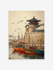 Illustrative print of an Asian harbour with colourful fishing boats, stone wall, pagoda, and flying birds