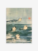 Japanese watercolour harbour seal art print with four spotted seals swimming in blue-grey water and a red seal stamp