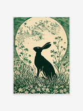 Green linocut print of a hare in silhouette looking at a large full moon, surrounded by grass and wildflowers