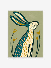 Stylised hare with teal and cream dotted coat on green background, illustrated animal poster