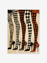 Illustration of five legs in patterned hosiery and high heels, including diamond and swirling designs on satin paper