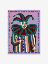 Colourful harlequin jester poster with three-pointed hat, ruff collar, striped suit, and marotte staff on lilac background
