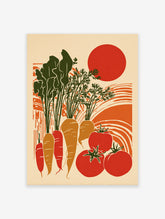 Harvest Garden Poster featuring illustrated carrots, tomatoes, and a sun in a retro style with green, orange, and red colors.