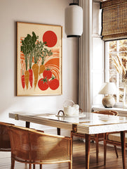 Harvest Garden Poster featuring illustrated carrots, tomatoes, and a sun in a retro style with green, orange, and red colors. - Image 2