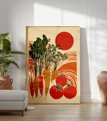 Harvest Garden Poster featuring illustrated carrots, tomatoes, and a sun in a retro style with green, orange, and red colors. - Image 3