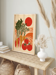 Harvest Garden Poster featuring illustrated carrots, tomatoes, and a sun in a retro style with green, orange, and red colors. - Image 4