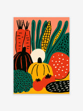 Vibrant harvest vegetable poster illustration with carrots, corn, pumpkins, tomatoes, and leafy greens on an orange background.