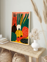 Vibrant harvest vegetable poster illustration with carrots, corn, pumpkins, tomatoes, and leafy greens on an orange background. - Image 4