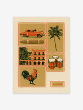 Vintage style Havana travel poster illustration featuring a red car, cigar, bongo drums, and building on tan background