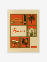 Havana travel poster illustration featuring a vintage car, cigar, palm tree, colonial building, drums, and a rooster