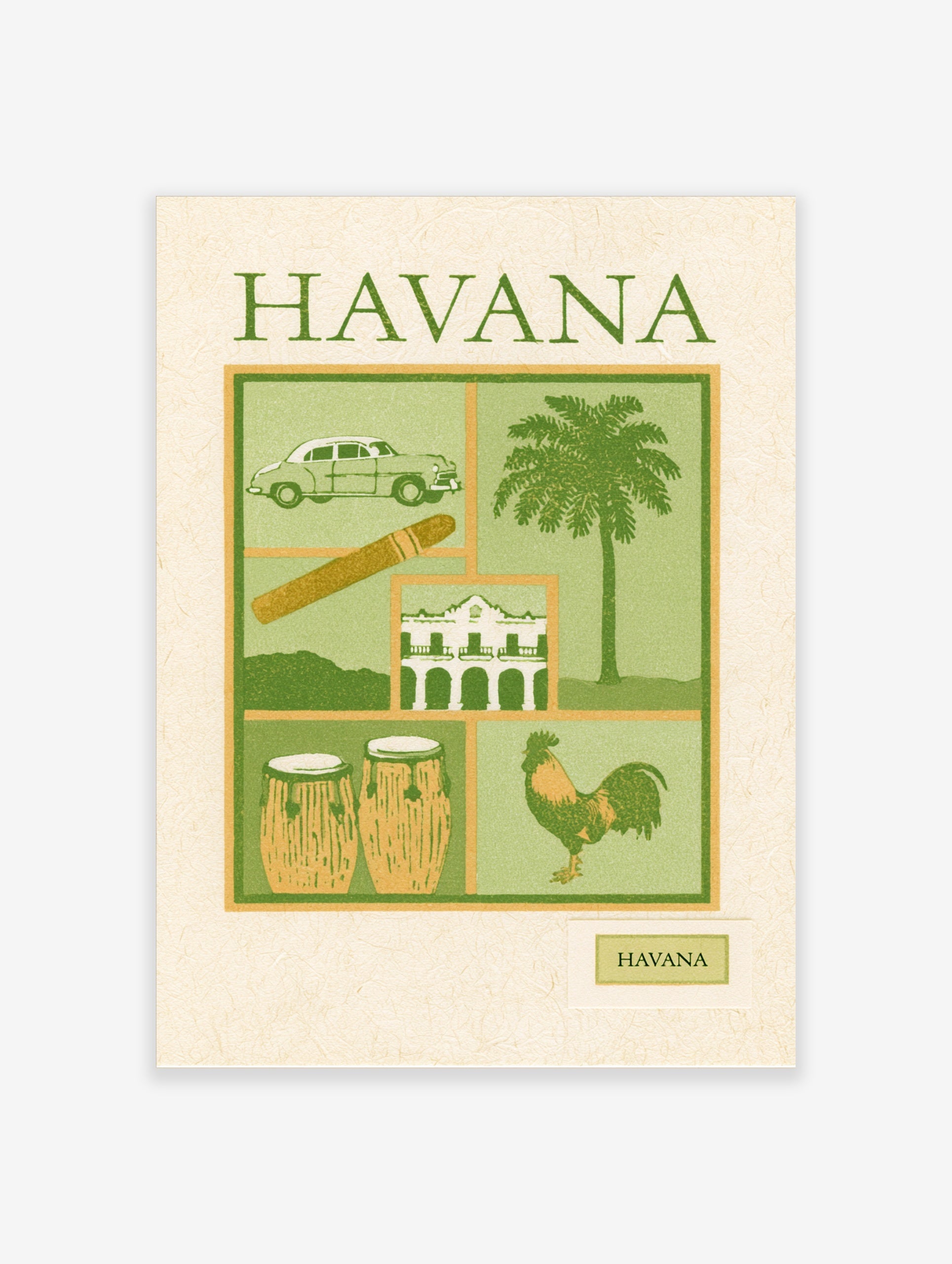 Havana travel poster with vintage car, cigar, building, drums, and rooster in a green and tan illustrative style