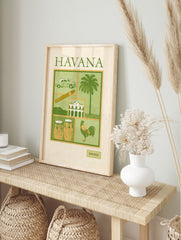 Havana travel poster with vintage car, cigar, building, drums, and rooster in a green and tan, in an alternate framed mockup