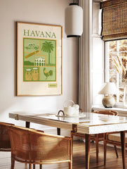 Havana travel poster with vintage car, cigar, building, drums, and rooster in a green and tan, in a styled room mockup