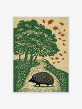 Illustrative print of a black hedgehog walking on an autumn path with green trees and falling brown leaves