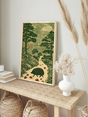 Hedgehog walking on an autumn forest path, surrounded by trees and leaves, in a green woodcut, in an alternate framed mockup