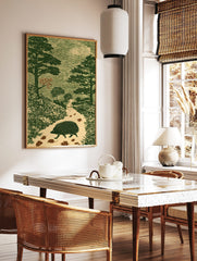 Hedgehog walking on an autumn forest path, surrounded by trees and leaves, in a green woodcut style, in a styled room mockup