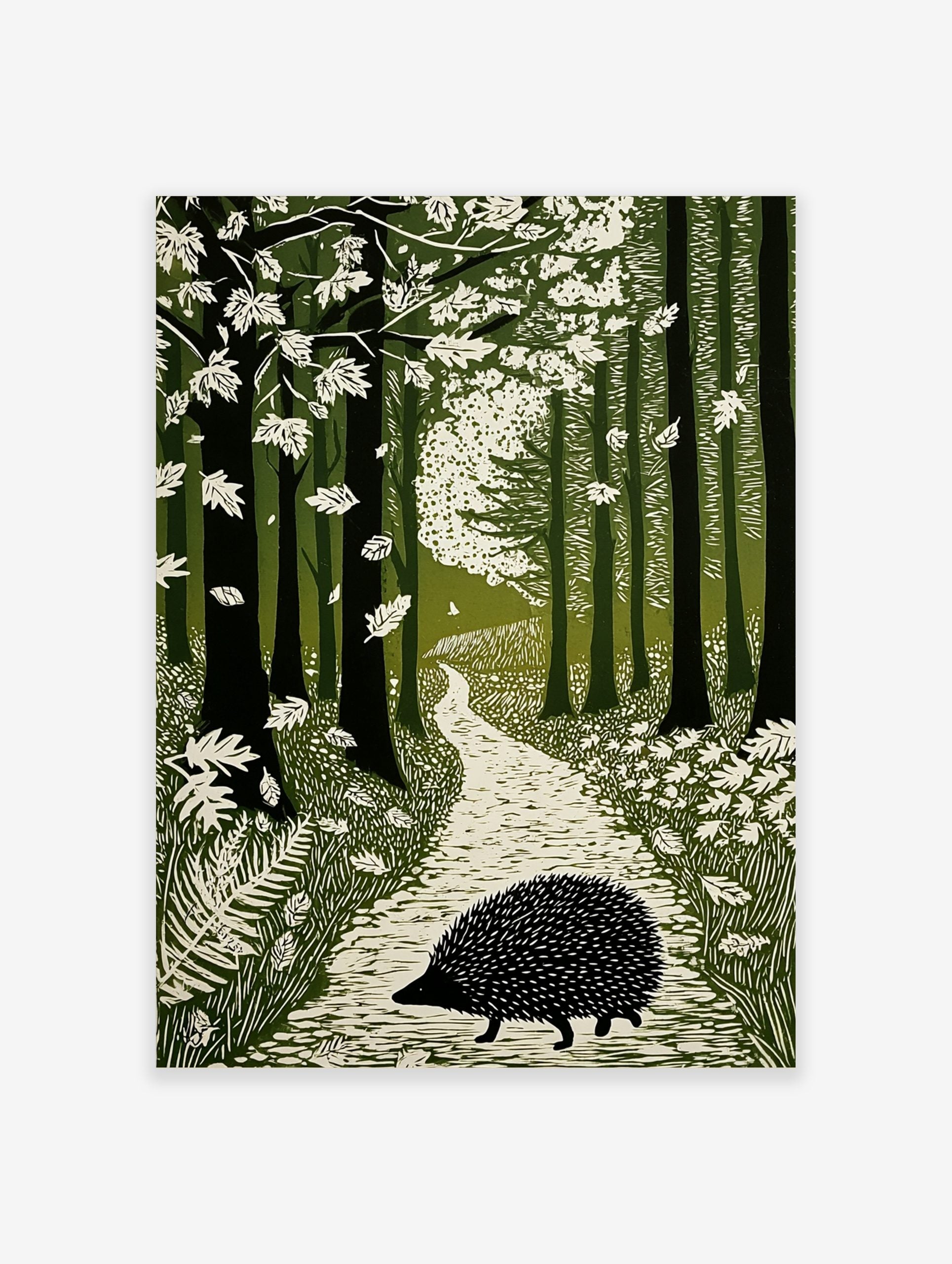 Linocut-style art print of a hedgehog on a winding path through a green forest with falling leaves