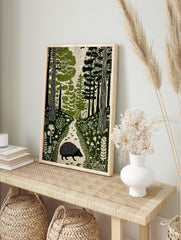 Hedgehog walking on a forest path, surrounded by trees and foliage in a green linocut style, in an alternate framed mockup