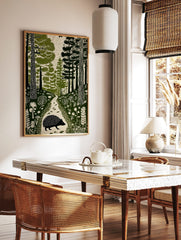 Hedgehog walking on a forest path, surrounded by trees and foliage in a green linocut style print, in a styled room mockup