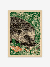 Hedgehog linocut print in green, black, and off-white, with orange leaves, in a portrait composition