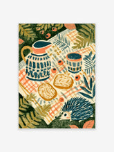 Hedgehog picnic poster with blue jug, cup, bread, and berries on a checkered blanket among green leaves