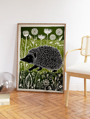 Hedgehog wall art print in green, black, and white, featuring a hedgehog walking through a field of wildflowers. - Image 2
