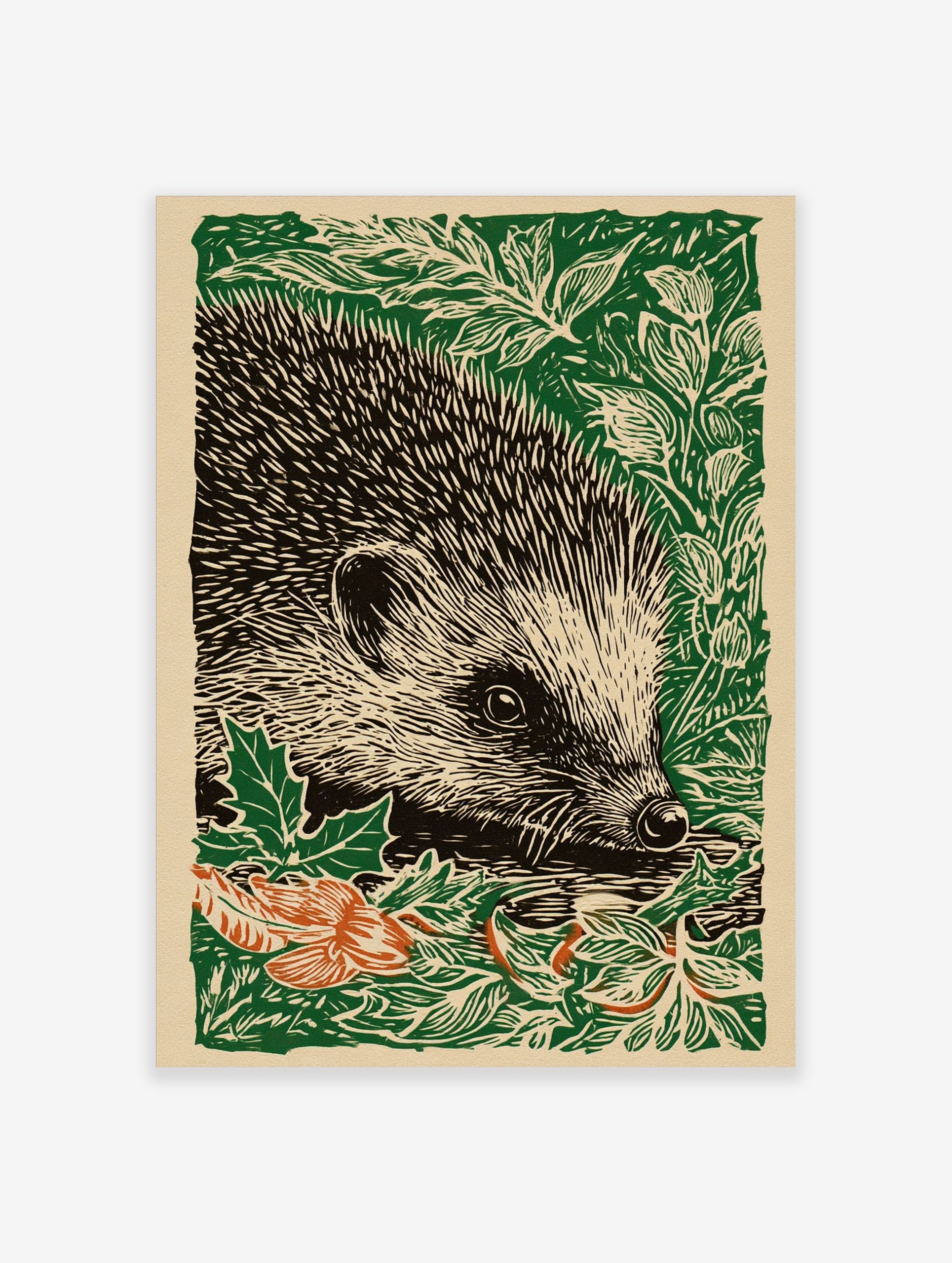 Woodcut illustration art print of a hedgehog in green foliage with some orange autumn leaves