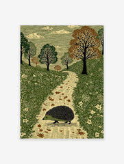Illustrative print of a hedgehog walking on a path in a green woodland with trees and clouds