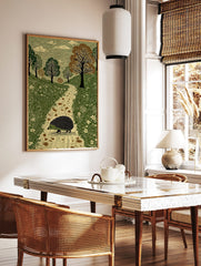 Illustrative print of a hedgehog walking on a path in a green woodland with trees and clouds, in a styled room mockup