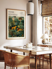 Henri Rousseau jungle art print with tiger and lion among green palm trees, promoting National Gallery Modern Art, in a