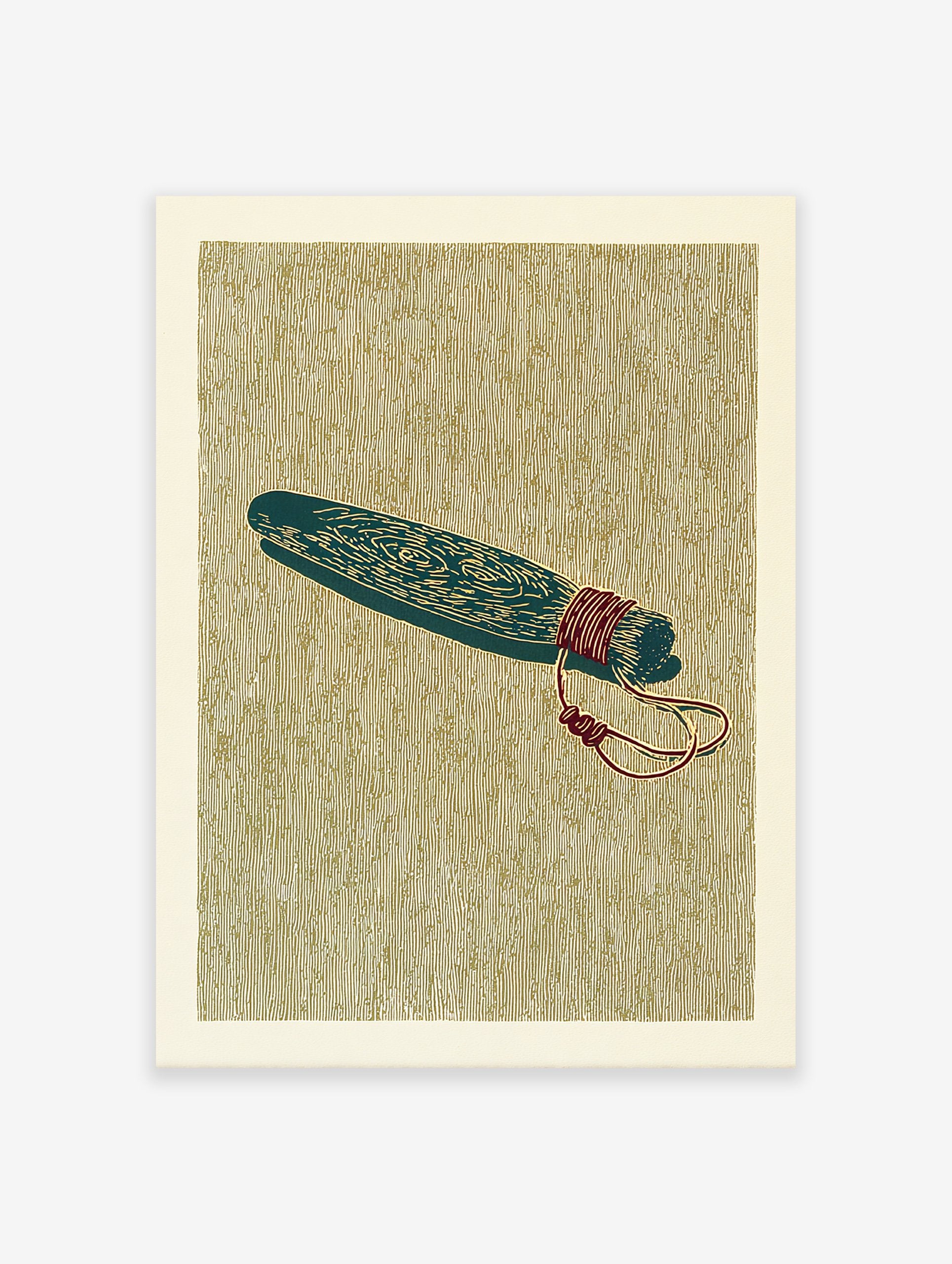 Stylized herbal bundle wall art print with teal-green bundle tied with red string on a textured olive-gold background.
