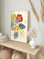 Illustrative hermit crab with blue and red patterned shell, yellow legs, and stylised red, in an alternate framed mockup