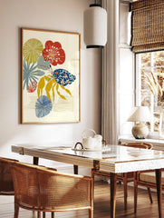 Illustrative hermit crab with blue and red patterned shell, yellow legs, and stylised red, yellow, in a styled room mockup