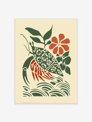 Stylised hermit crab wall art with patterned green shell, red body, green leaves, red flower, and green waves