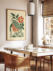 Stylised hermit crab wall art with patterned green shell, red body, green leaves, red flower, and, in a styled room mockup