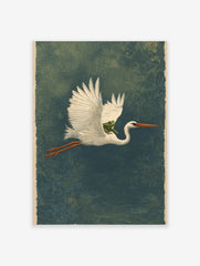 Illustrative print of a white heron flying horizontally with a green frog on its back against a teal patterned background