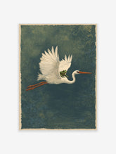 Illustrative white heron in flight carrying a green frog on its back, deep teal patterned background