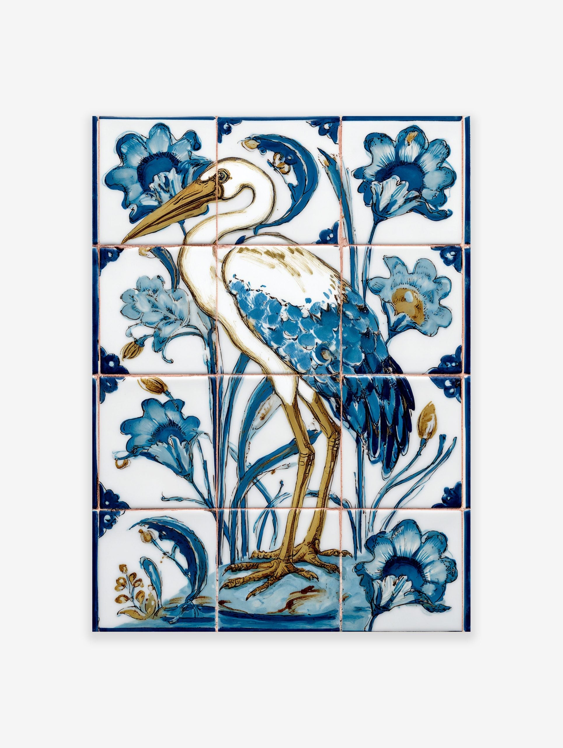 Illustrative white heron bird with blue feathers and golden legs, surrounded by blue flowers and reeds on ceramic tiles