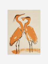 Minimalist illustration of two orange and black herons facing each other with a heart on a light background