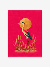 Illustrative heron or crane bird with golden sun and grasses on a hot pink background, portrait orientation