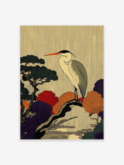 Japanese Ukiyo-e style heron on tree branch art print with colourful red, orange, and purple foliage