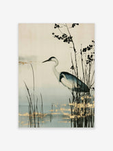 Heron bird standing in marsh reeds with gold leaf accents, neutral background wall art print
