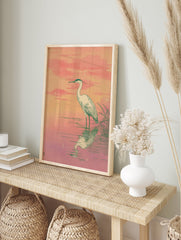 Japanese style heron wall art print featuring a white egret standing in pink and orange water with a sunset sky. - Image 3