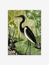 Black and white heron standing in a green wetland with flowering plants, in a linocut style art print
