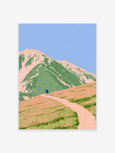 Minimalist mountain landscape illustration featuring a hiker on a winding path with green slopes and a clear blue sky